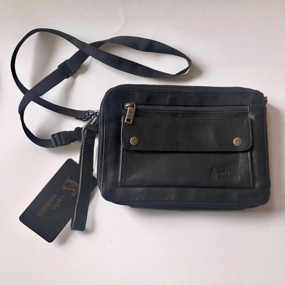 NWT Carlo Amboldi Mens Leather Bag, Black